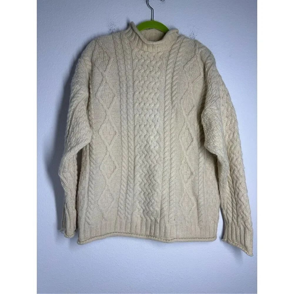 Tempo Women’s Fisherman Sweater Hard Wool Cable Knit Cream Sz L See Description